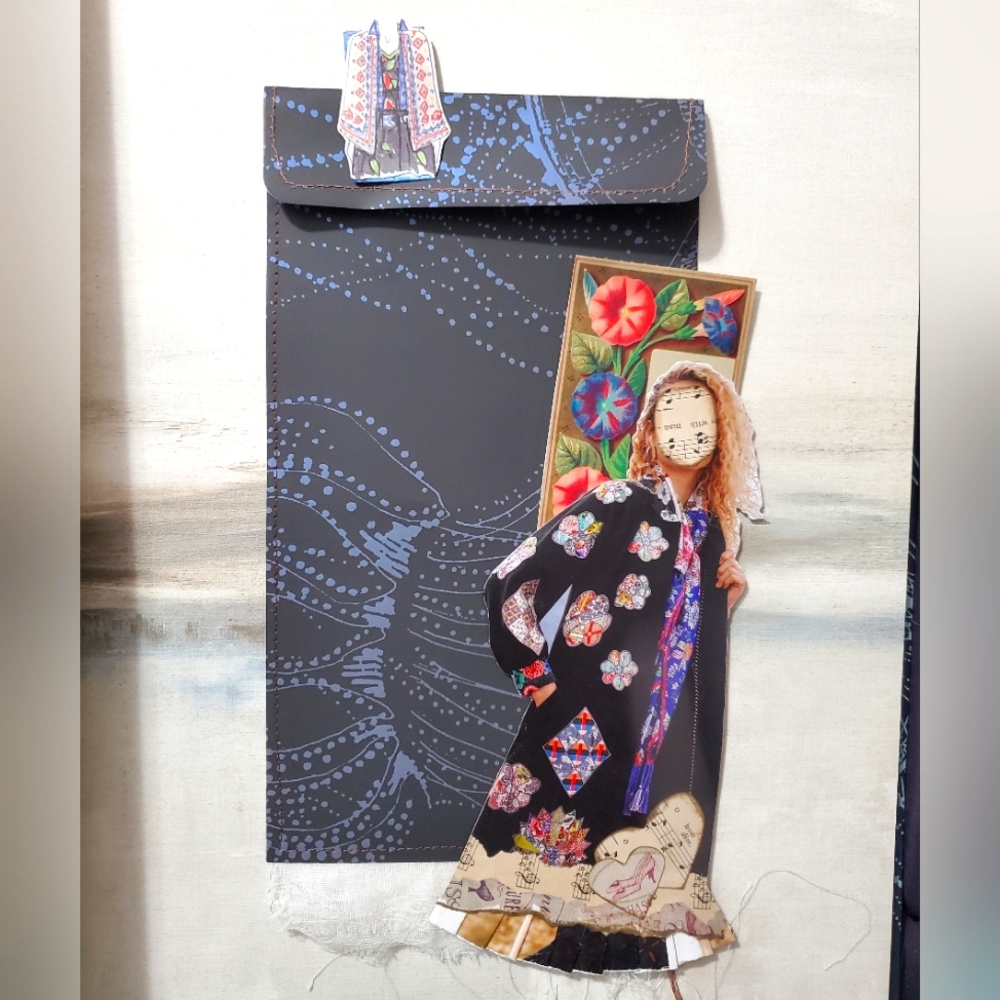 🙏 HAND CRAFTED collage paperdoll bookmark with wallpaper envelope black